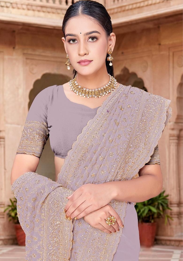 Lavender Embroidered Georgette Saree Set - Indya