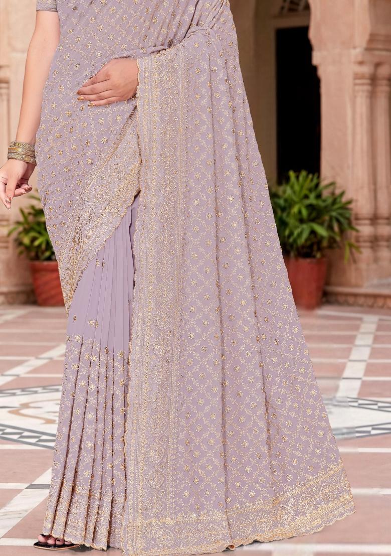 Lavender Embroidered Georgette Saree Set - Indya