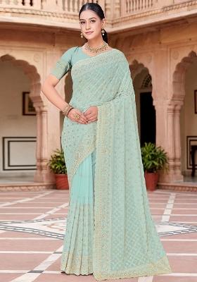 Sea Green Embroidered Georgette Saree Set