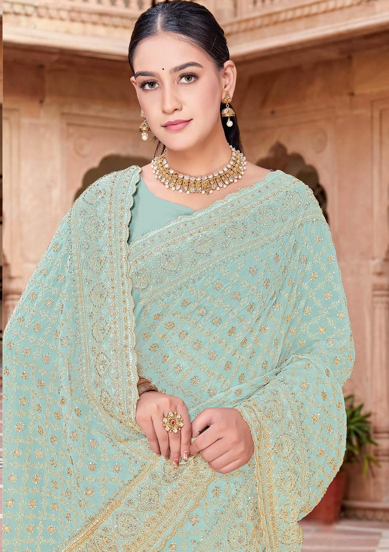 Sea Green Embroidered Georgette Saree Set - Indya