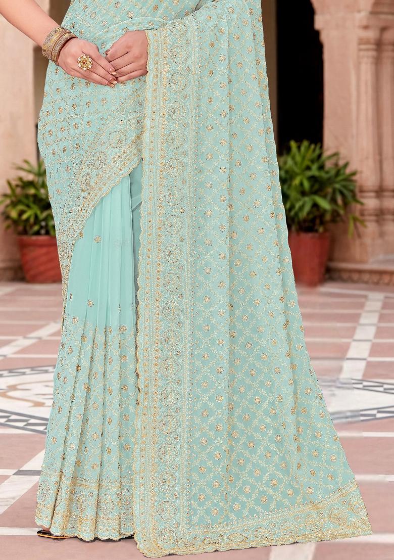 Sea Green Embroidered Georgette Saree Set - Indya