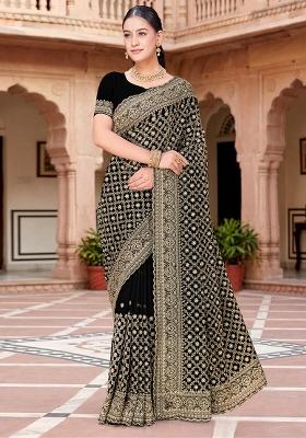 Black Embroidered Georgette Saree Set