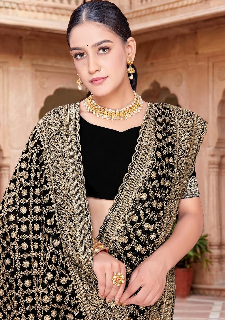 Black Embroidered Georgette Saree Set - Indya