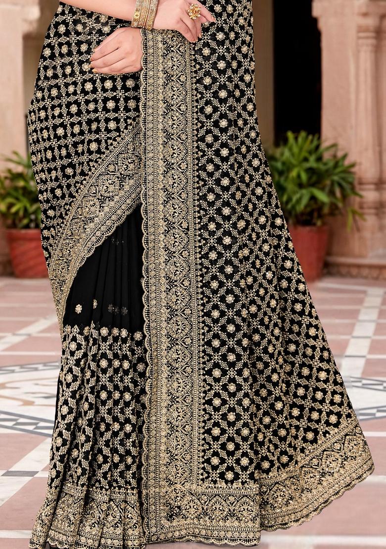 Black Embroidered Georgette Saree Set - Indya