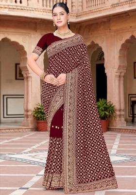 Maroon Embroidered Georgette Saree Set