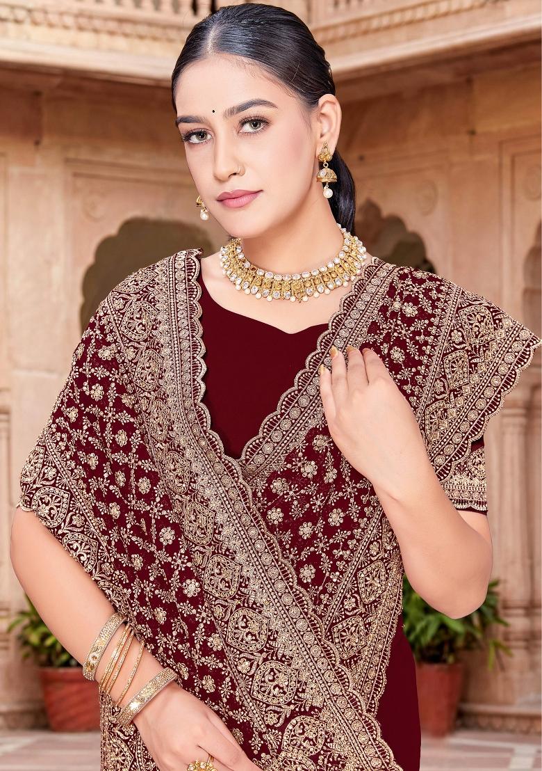 Maroon Embroidered Georgette Saree Set - Indya