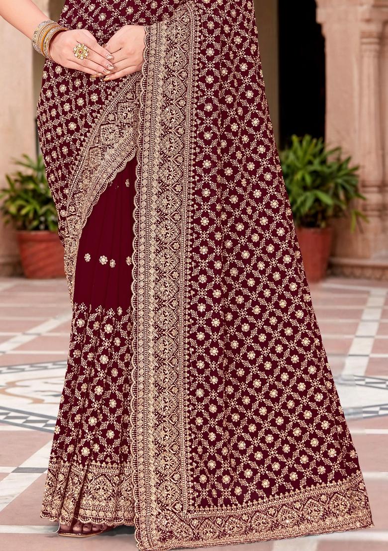 Maroon Embroidered Georgette Saree Set - Indya