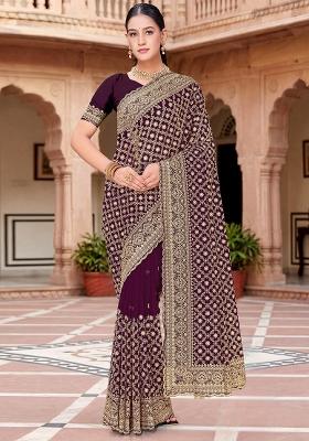 Purple Embroidered Georgette Saree Set