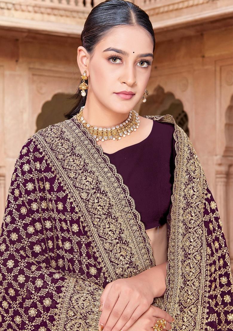 Purple Embroidered Georgette Saree Set - Indya