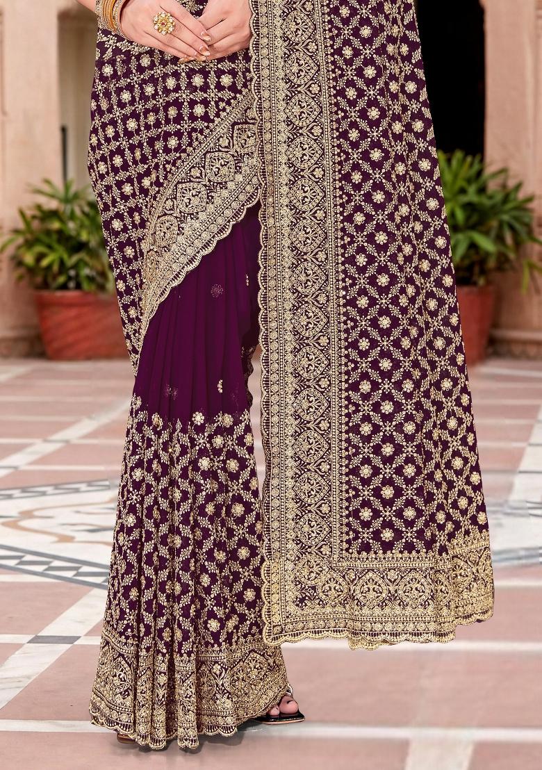 Purple Embroidered Georgette Saree Set - Indya