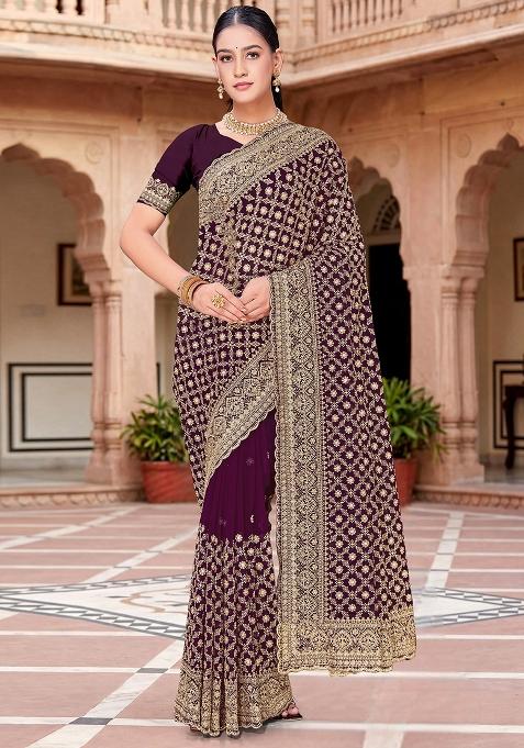 Purple Embroidered Georgette Saree Set