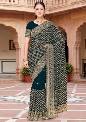 Teal Blue Embroidered Georgette Saree Set