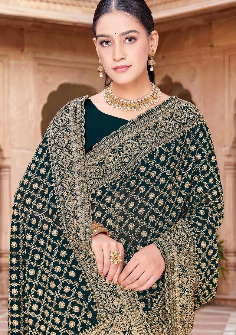 Teal Blue Embroidered Georgette Saree Set - Indya