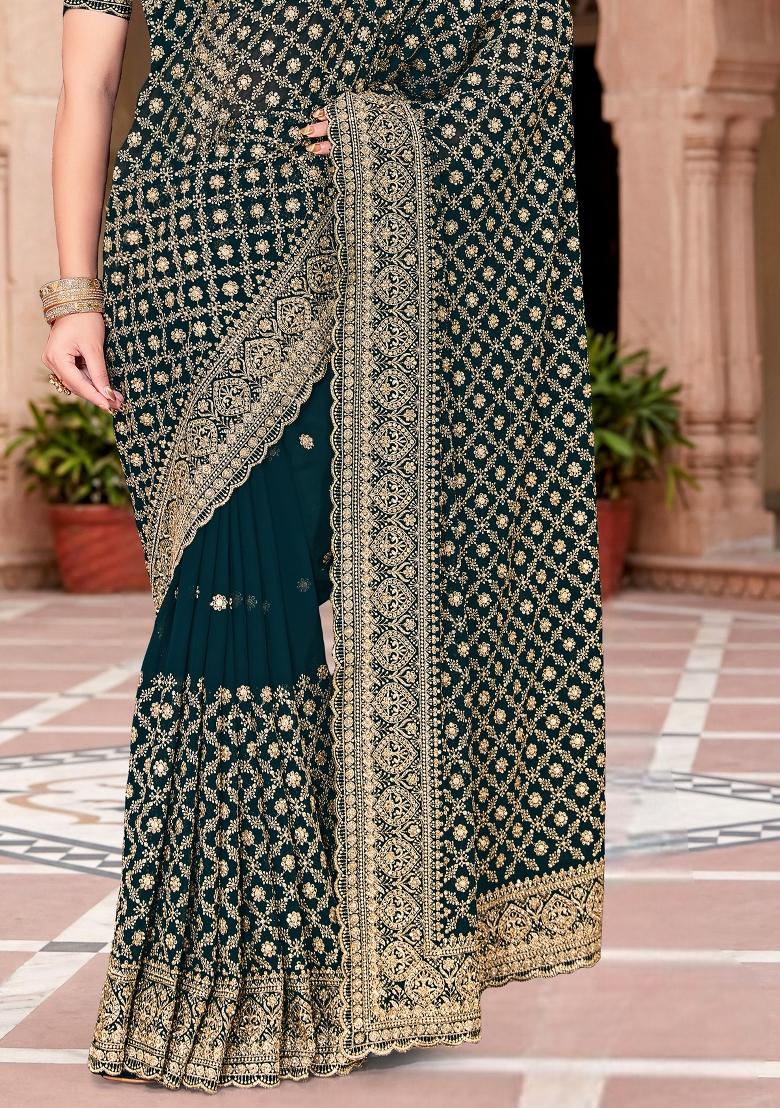 Teal Blue Embroidered Georgette Saree Set - Indya