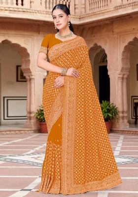 Mustard Embroidered Georgette Saree Set
