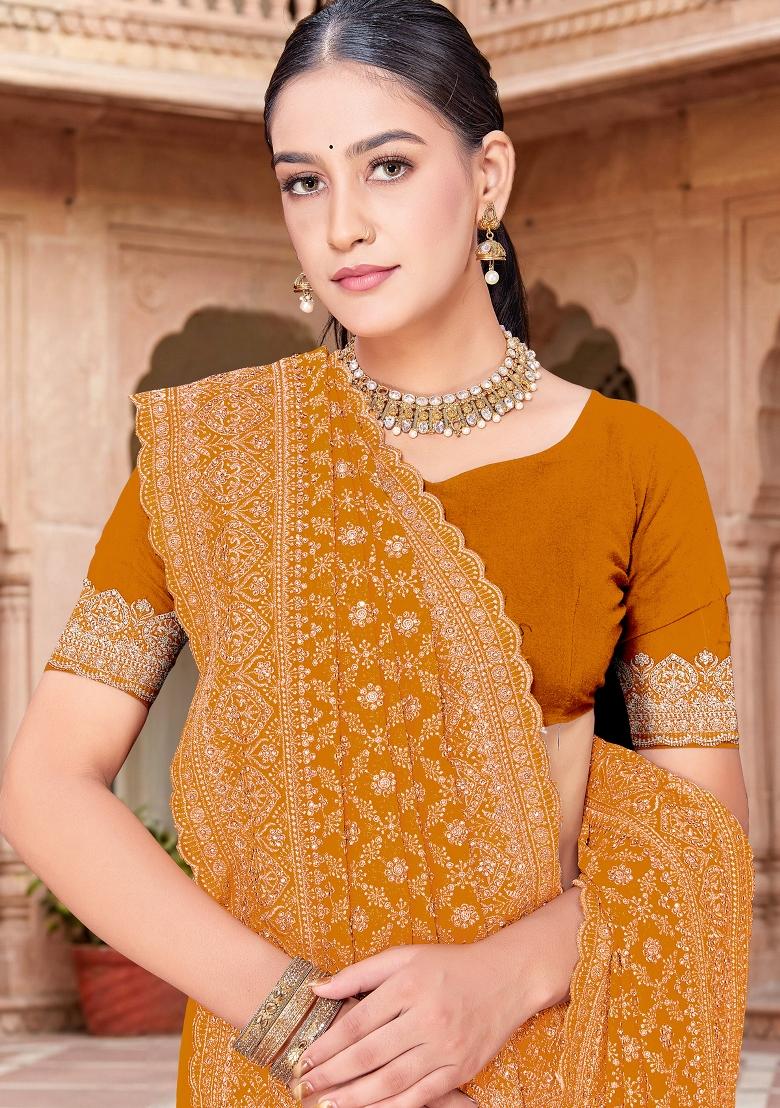 Mustard Embroidered Georgette Saree Set - Indya