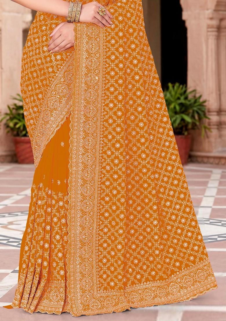 Mustard Embroidered Georgette Saree Set - Indya