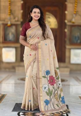 Cream Floral Print Cotton Saree Set
