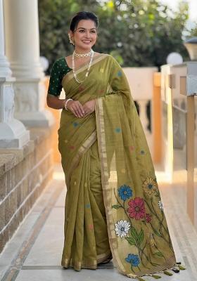 Golden Floral Print Cotton Saree Set