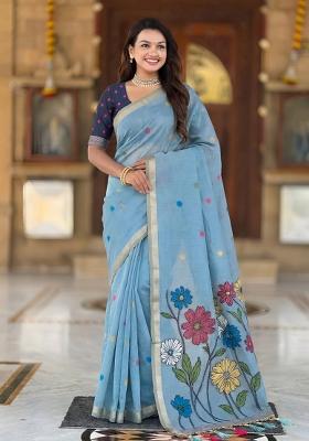 Sky Blue Floral Print Cotton Saree Set