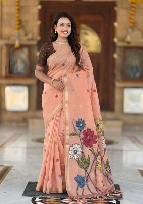 Peach Floral Print Cotton Saree Set