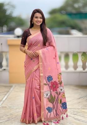 Baby Pink Floral Print Cotton Saree Set