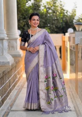 Lavender Abstract Print Cotton Saree Set