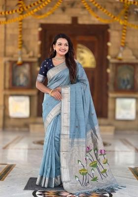 Sky Blue Abstract Print Cotton Saree Set