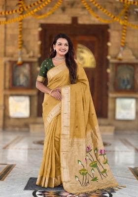 Yellow Abstract Print Cotton Saree Set