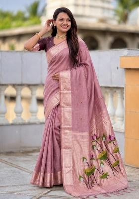 Baby Pink Abstract Print Cotton Saree Set