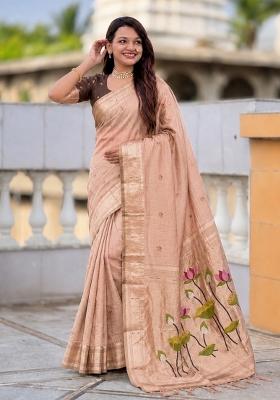 Peach Abstract Print Cotton Saree Set