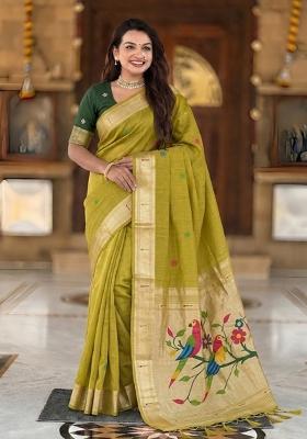 Yellow Abstract Print Cotton Saree Set
