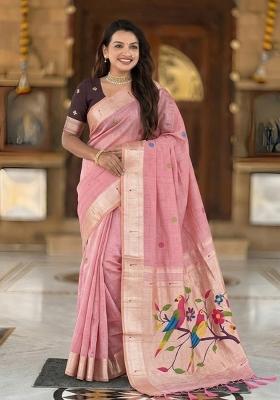 Baby Pink Abstract Print Cotton Saree Set