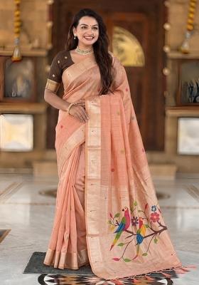 Peach Abstract Print Cotton Saree Set