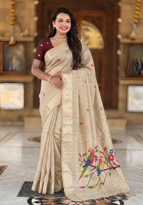 Cream Abstract Print Cotton Saree Set