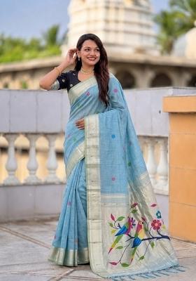 Sky Blue Abstract Print Cotton Saree Set
