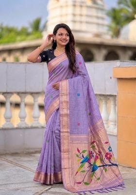 Lavender Abstract Print Cotton Saree Set