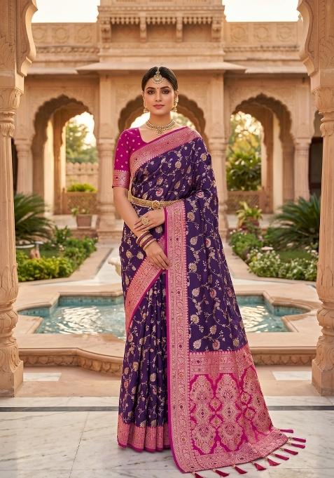 Purple Zari Work Banarasi Saree Set