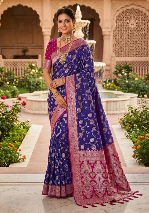 Violet Zari Work Banarasi Saree Set