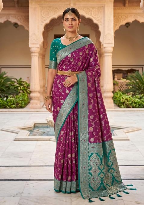 Wine Zari Work Banarasi Saree Set