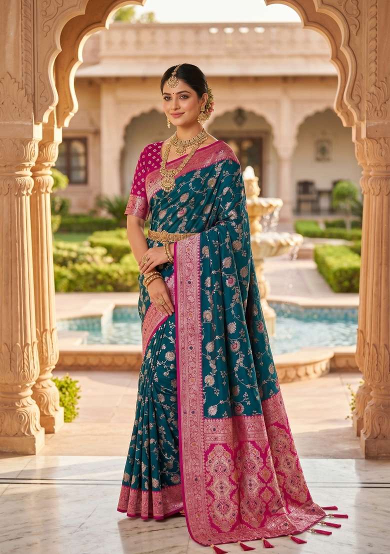 Teal Zari Work Banarasi Saree Set for Diwali and Festive Wear - Indya
