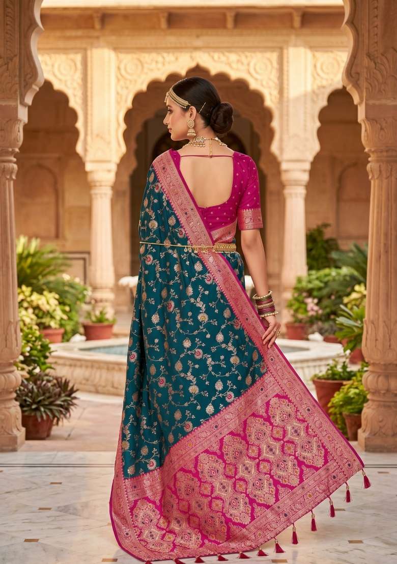 Teal Zari Work Banarasi Saree Set for Diwali and Festive Wear - Indya