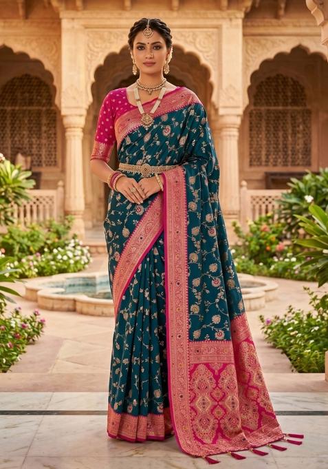 Teal Zari Work Banarasi Saree Set