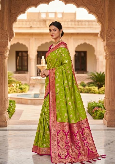 Parrot Green Zari Work Banarasi Saree Set