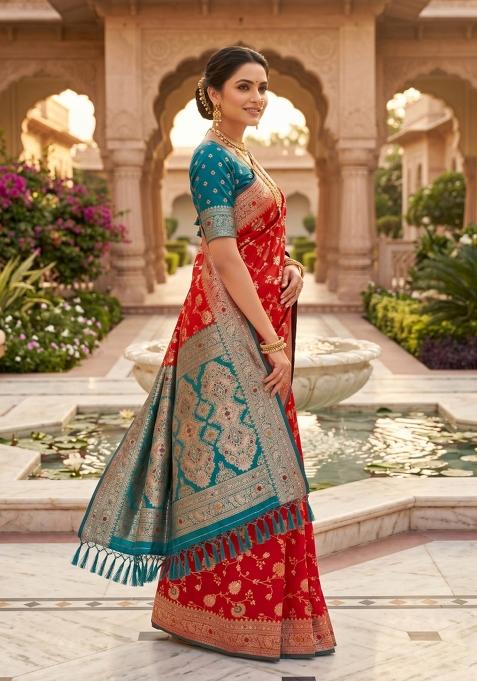 Red Zari Work Banarasi Saree Set