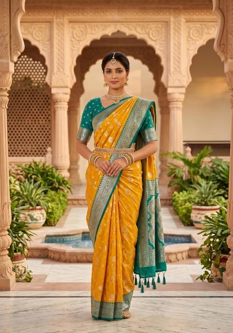Yellow Zari Work Banarasi Saree Set