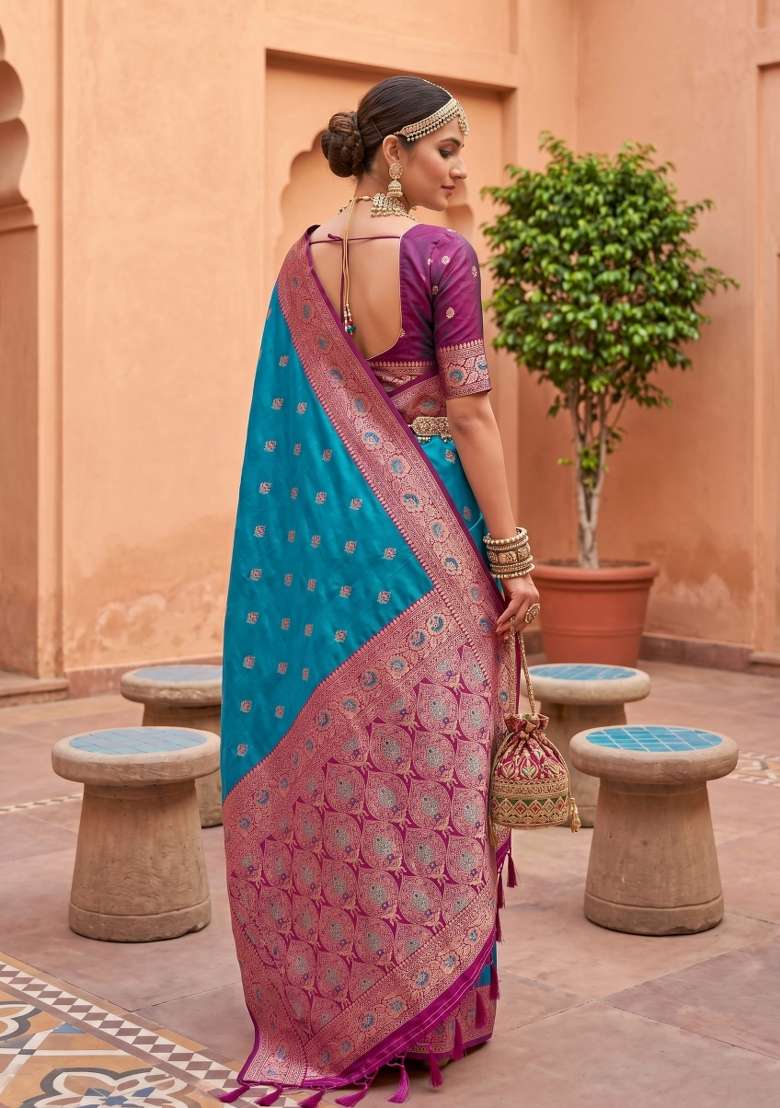 Teal Banarasi Saree Set with Zari Work for Diwali | Wedding & Festive Wear - Indya
