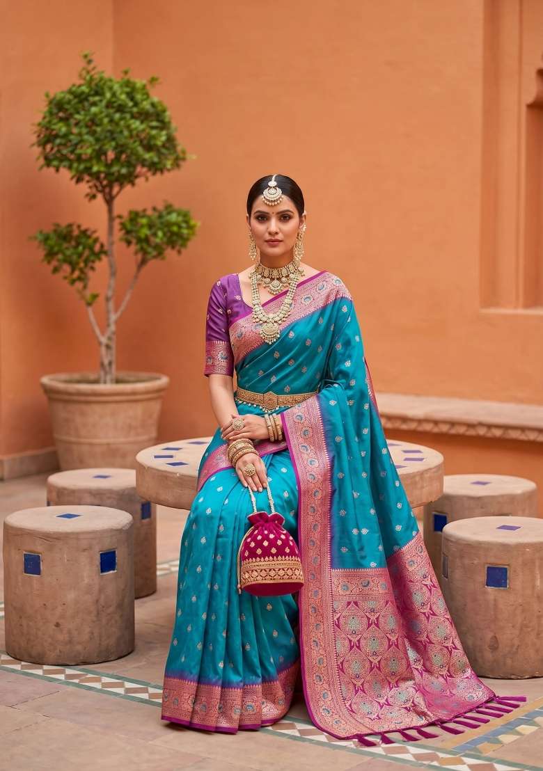 Teal Banarasi Saree Set with Zari Work for Diwali | Wedding & Festive Wear - Indya