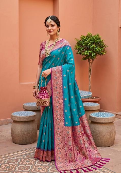 Teal Zari Work Banarasi Saree Set