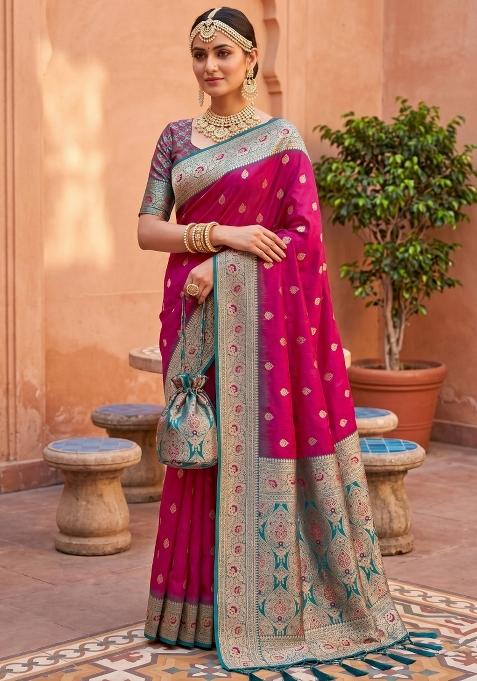 Pink Zari Work Banarasi Saree Set